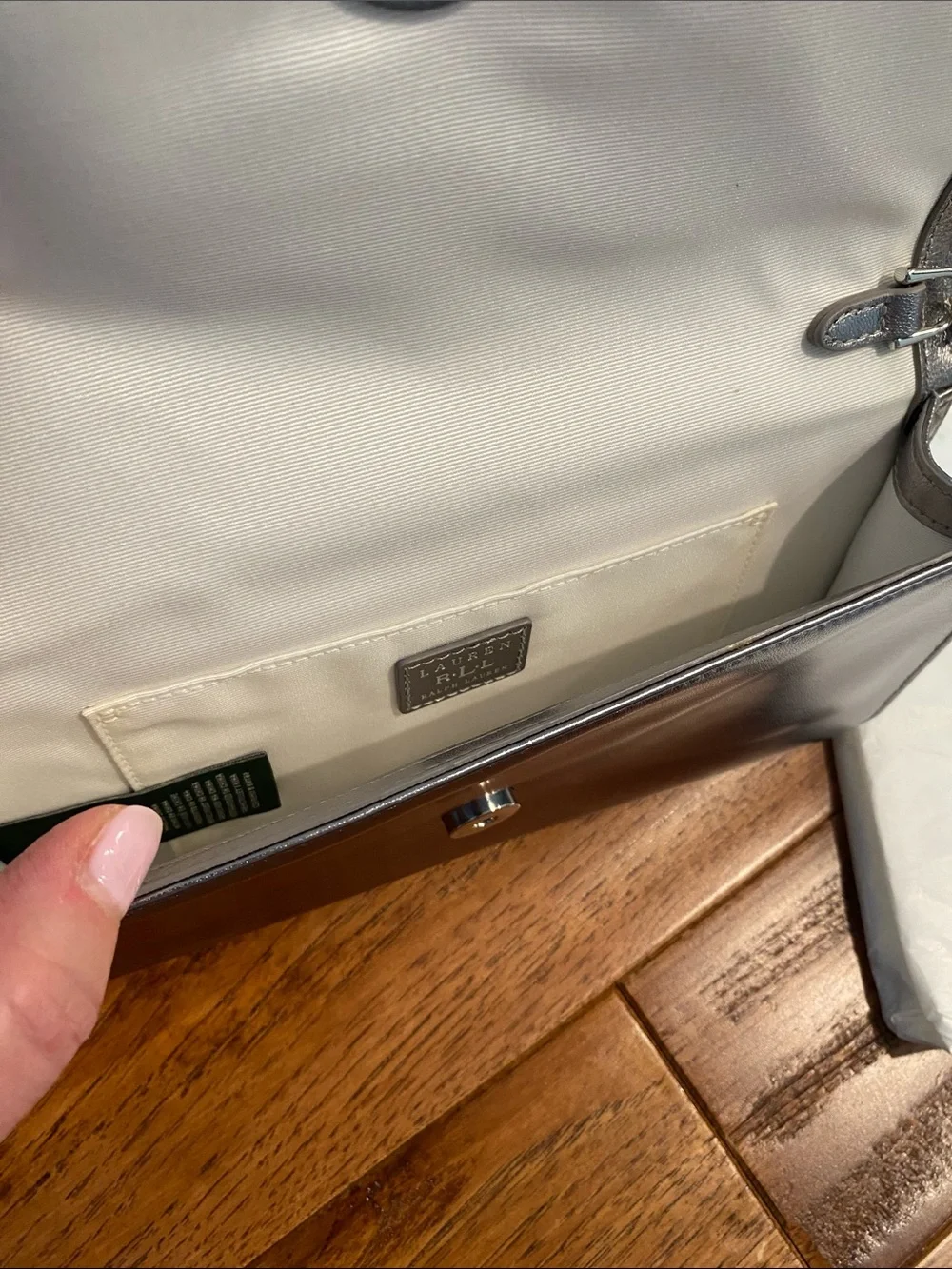 Lauren Ralph Lauren Metallic Silver Leather Bow Clutch with Chain Strap